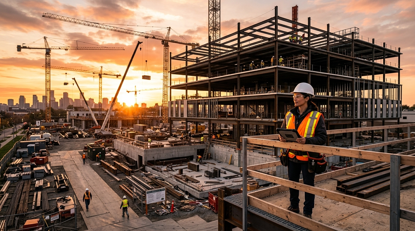 Construction supervisor overlooking a modern building site at golden hour