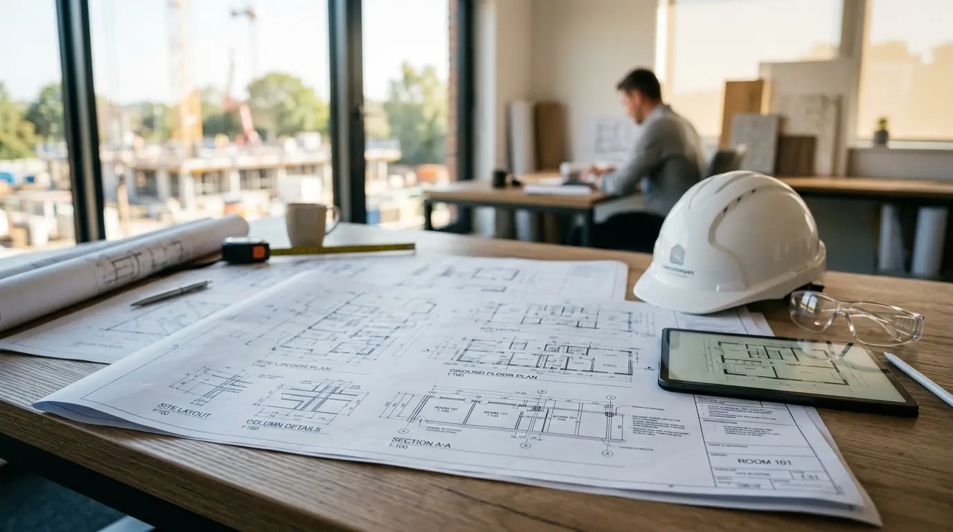 Construction blueprints and safety equipment on a professional site office desk